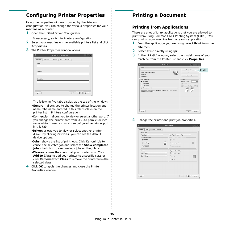 Configuring printer properties, Printing a document, Printing from applications | Configuring printer properties printing a document | Muratec MFX-3050 User Manual | Page 132 / 142