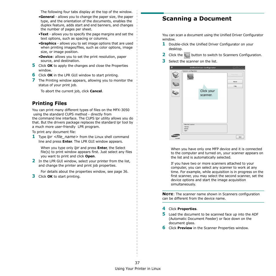 Printing files, Scanning a document (for mfp device only), Scanning a document | Muratec MFX-3050 User Manual | Page 133 / 142