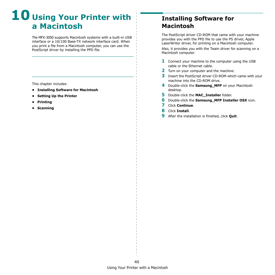Installing software for macintosh, Chapter 10, Using your printer with a macintosh | Muratec MFX-3050 User Manual | Page 136 / 142