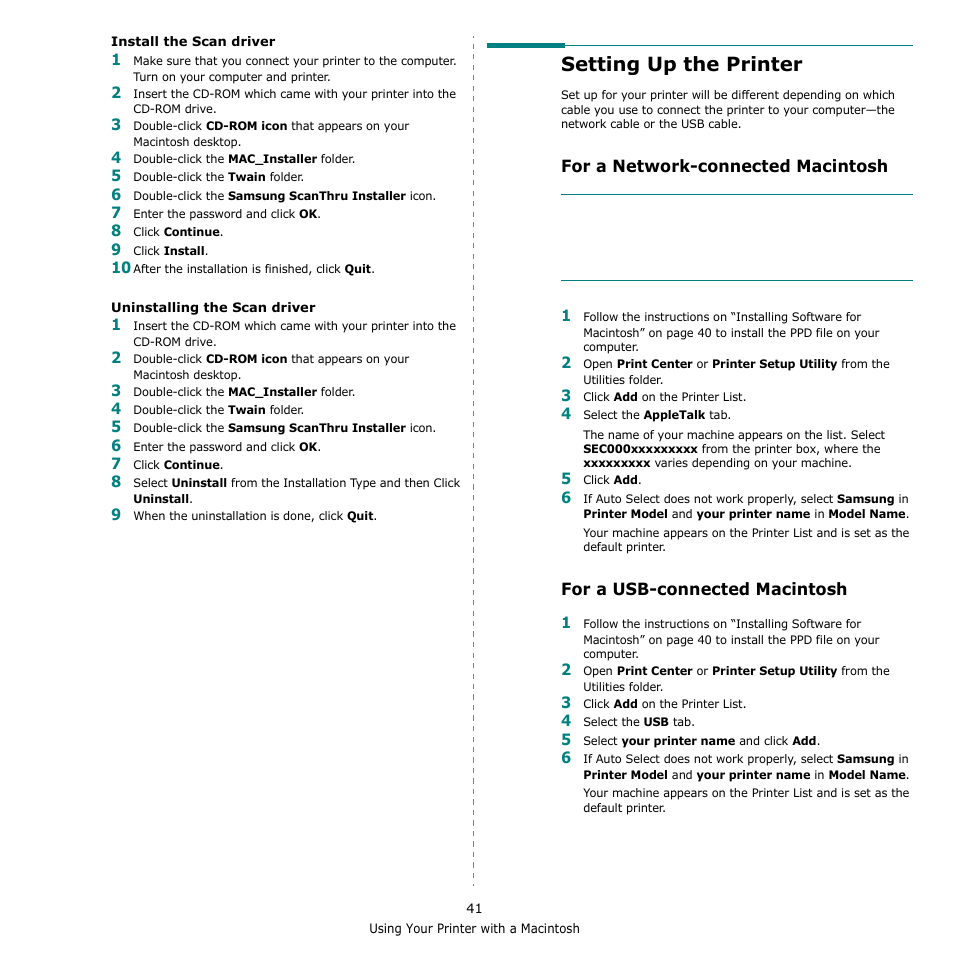 Setting up the printer, For a network-connected macintosh, For a usb-connected macintosh | Muratec MFX-3050 User Manual | Page 137 / 142