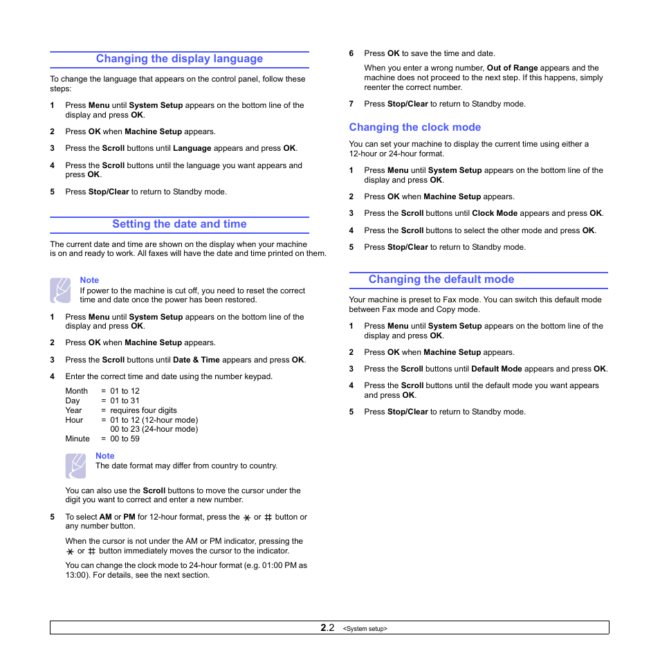 Changing the display language, Setting the date and time, Changing the clock mode | Changing the default mode (scx-5530fn only), Changing the default mode | Muratec MFX-3050 User Manual | Page 17 / 142