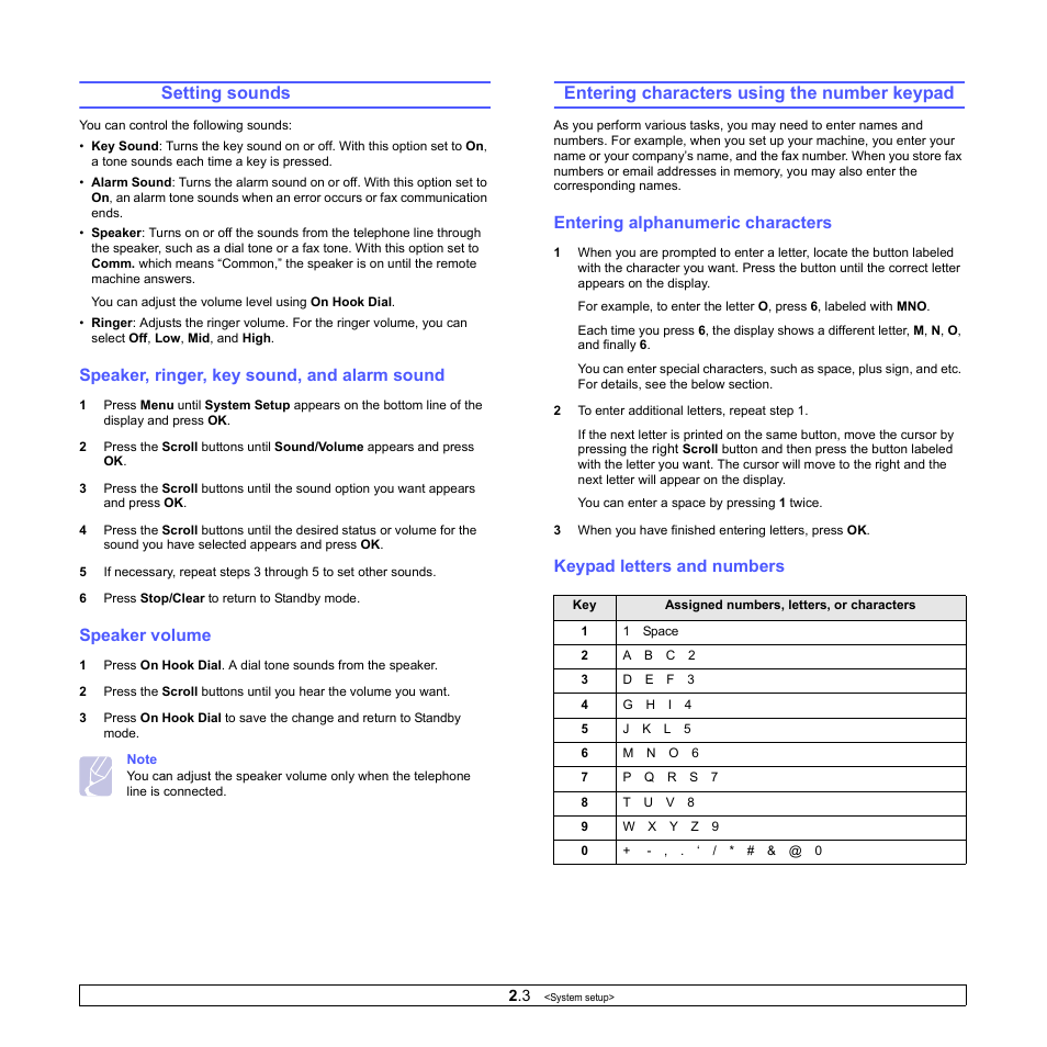 Setting sounds (scx-5530fn only), Speaker, ringer, key sound, and alarm sound, Speaker volume | Entering characters using the number keypad, Entering alphanumeric characters, Keypad letters and numbers, Setting sounds | Muratec MFX-3050 User Manual | Page 18 / 142