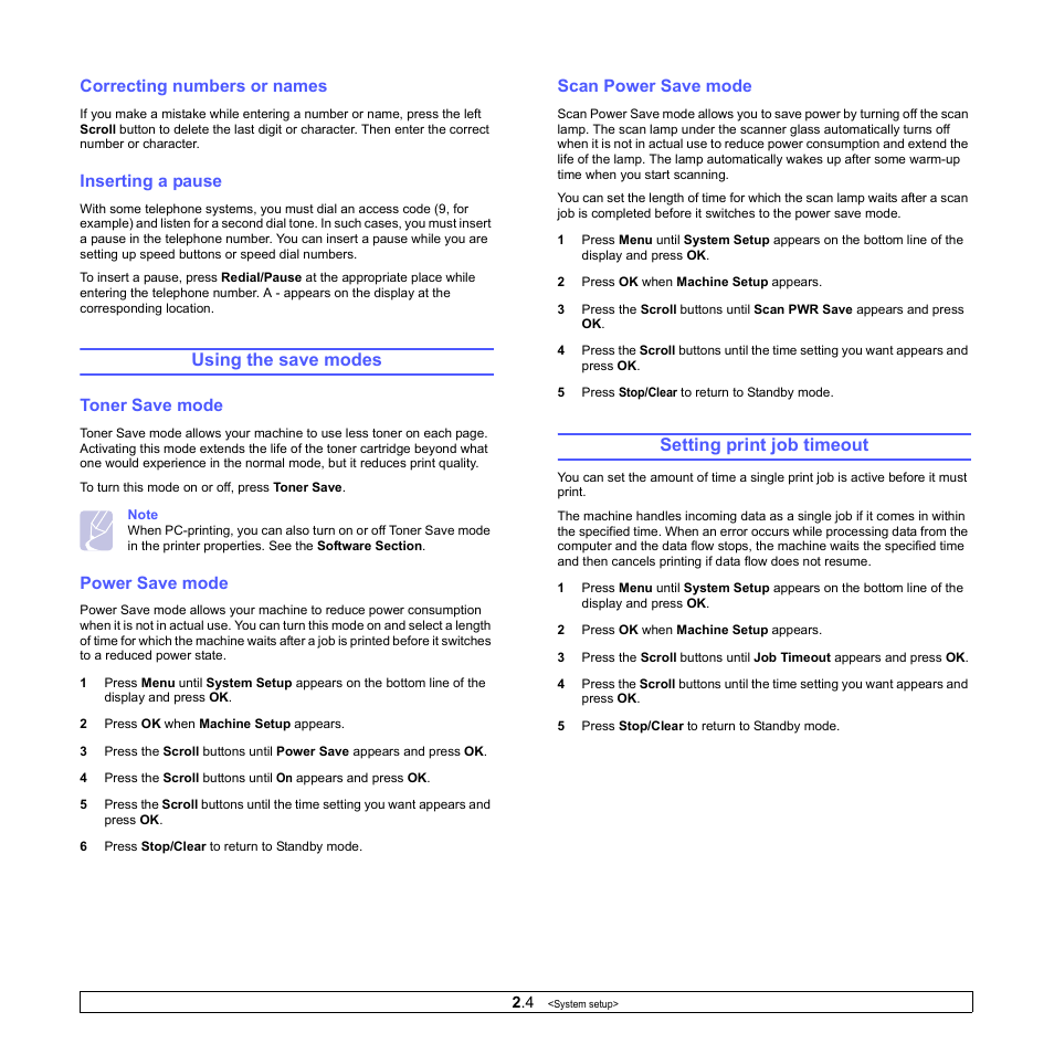 Correcting numbers or names, Inserting a pause, Using the save modes | Toner save mode, Power save mode, Scan power save mode, Setting print job timeout, Using the save modes setting print job timeout | Muratec MFX-3050 User Manual | Page 19 / 142