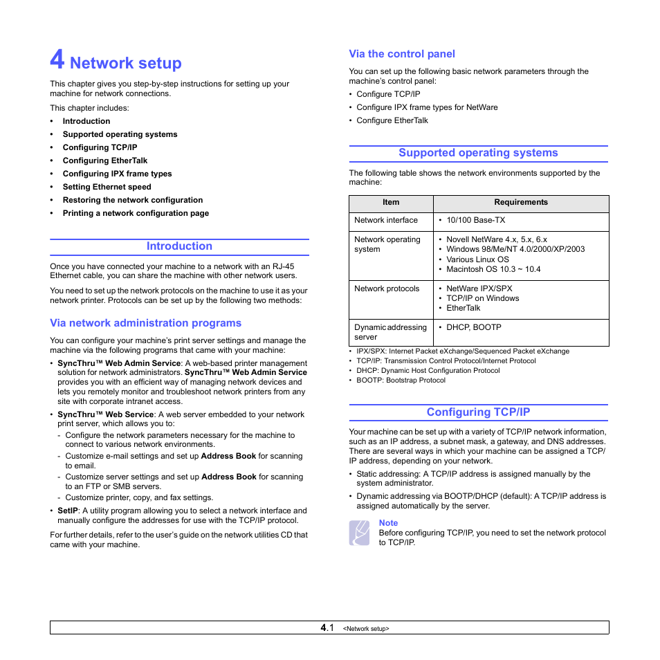 Network setup, Introduction, Via network administration programs | Via the control panel, Supported operating systems, Configuring tcp/ip | Muratec MFX-3050 User Manual | Page 23 / 142