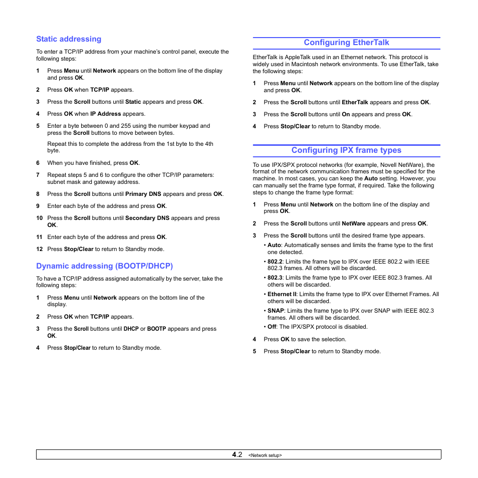 Static addressing, Dynamic addressing (bootp/dhcp), Configuring ethertalk | Configuring ipx frame types, Configuring ethertalk configuring ipx frame types | Muratec MFX-3050 User Manual | Page 24 / 142