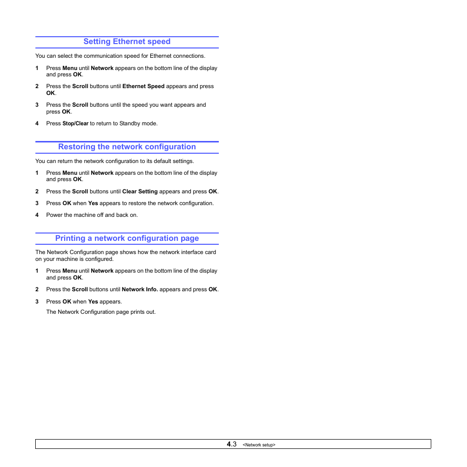 Setting ethernet speed, Restoring the network configuration, Printing a network configuration page | Muratec MFX-3050 User Manual | Page 25 / 142