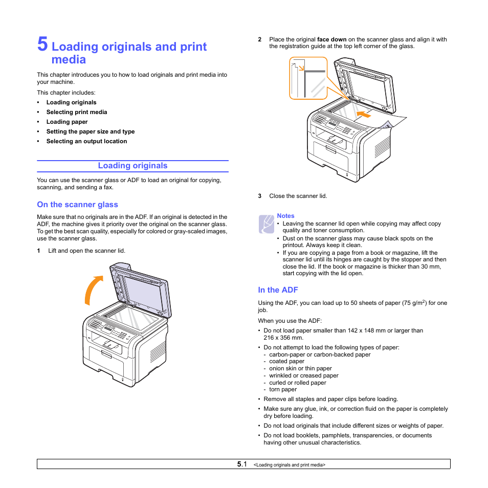 Loading originals and print media, Loading originals, On the scanner glass | In the adf | Muratec MFX-3050 User Manual | Page 26 / 142