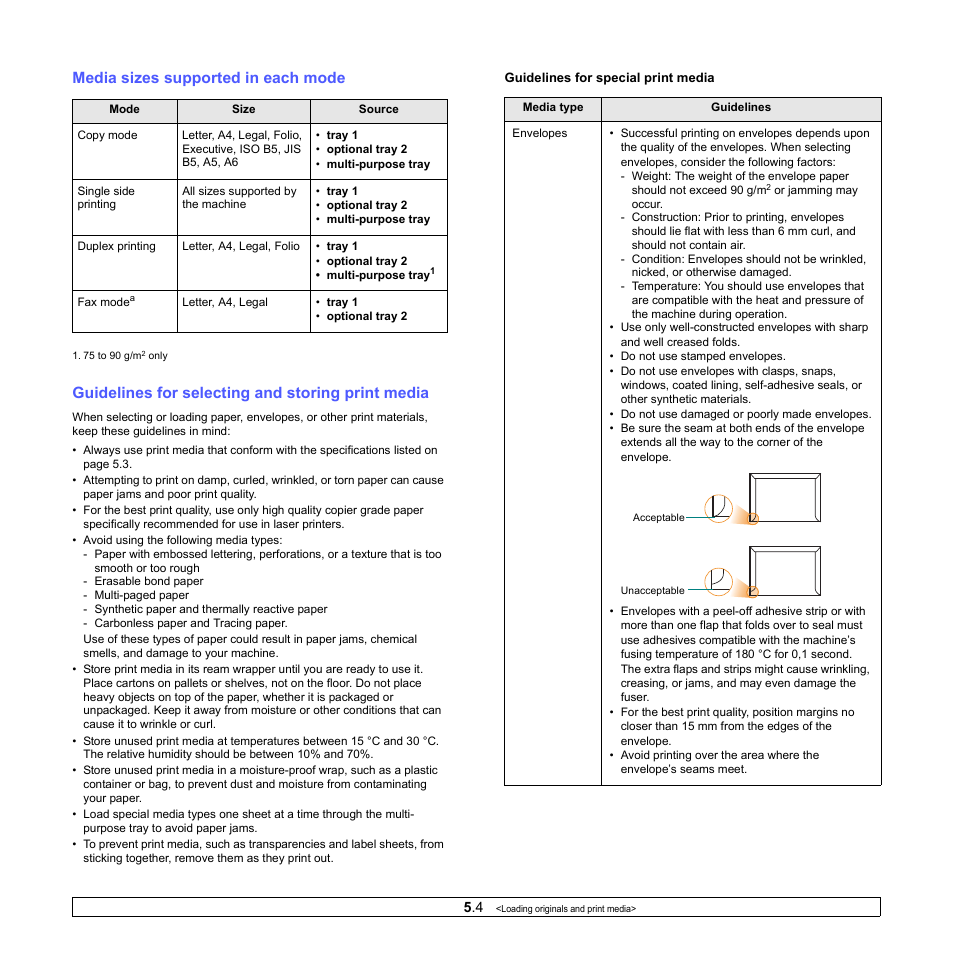 Media sizes supported in each mode, Guidelines for selecting and storing print media | Muratec MFX-3050 User Manual | Page 29 / 142