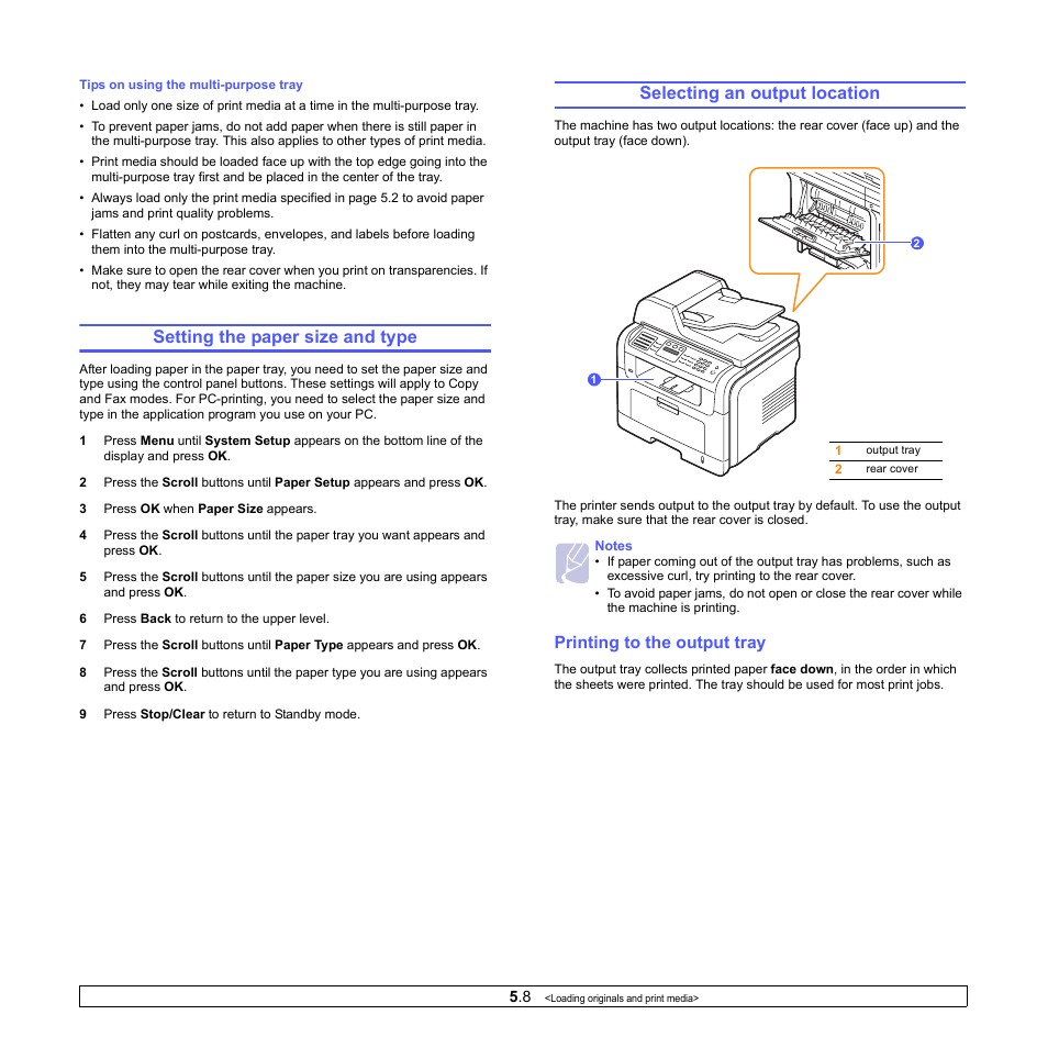 Setting the paper size and type, Selecting an output location, Printing to the output tray | Muratec MFX-3050 User Manual | Page 33 / 142