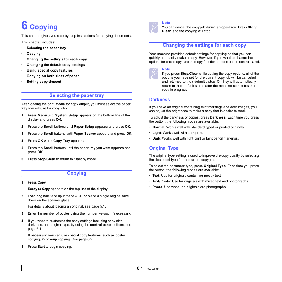 Copying, Selecting the paper tray, Changing the settings for each copy | Darkness, Original type | Muratec MFX-3050 User Manual | Page 35 / 142