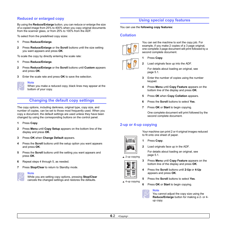 Reduced or enlarged copy, Changing the default copy settings, Using special copy features | Collation, Up or 4-up copying, Ge 6.2, Collation 2-up or 4-up copying | Muratec MFX-3050 User Manual | Page 36 / 142