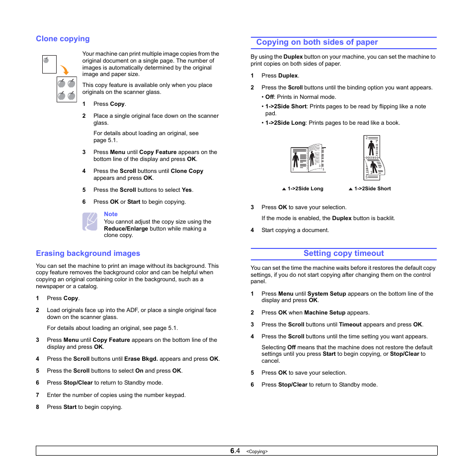 Clone copying, Erasing background images, Copying on both sides of paper (scx-5530fn only) | Setting copy timeout, Copying on both sides of paper, Clone copying erasing background images | Muratec MFX-3050 User Manual | Page 38 / 142