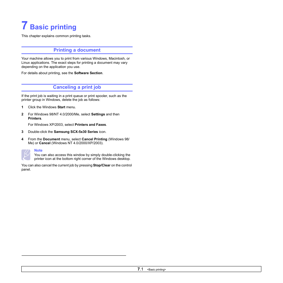 Basic printing, Printing a document, Canceling a print job | Printing a document canceling a print job | Muratec MFX-3050 User Manual | Page 39 / 142