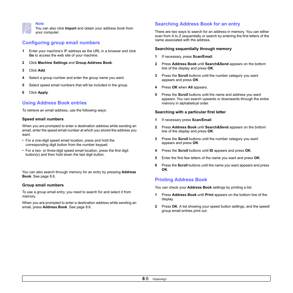 Configuring group email numbers, Using address book entries, Searching address book for an entry | Printing address book | Muratec MFX-3050 User Manual | Page 45 / 142