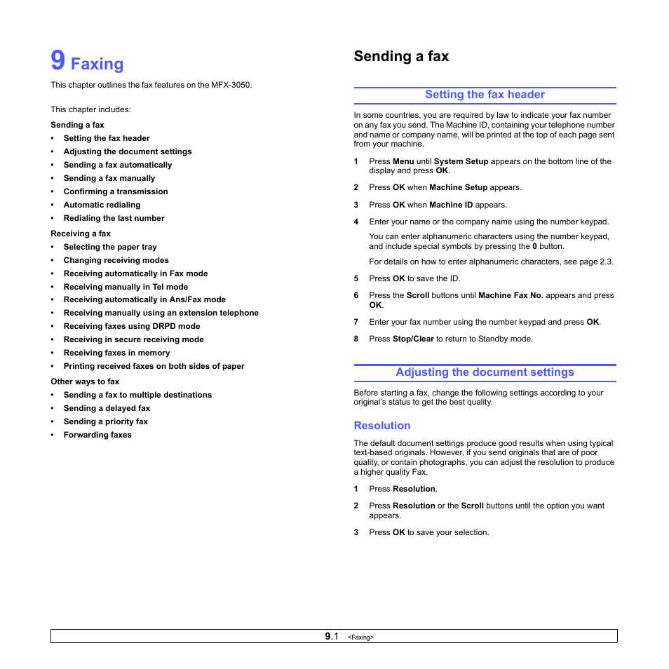 Faxing, Setting the fax header, Adjusting the document settings | Resolution, Sending a fax | Muratec MFX-3050 User Manual | Page 46 / 142