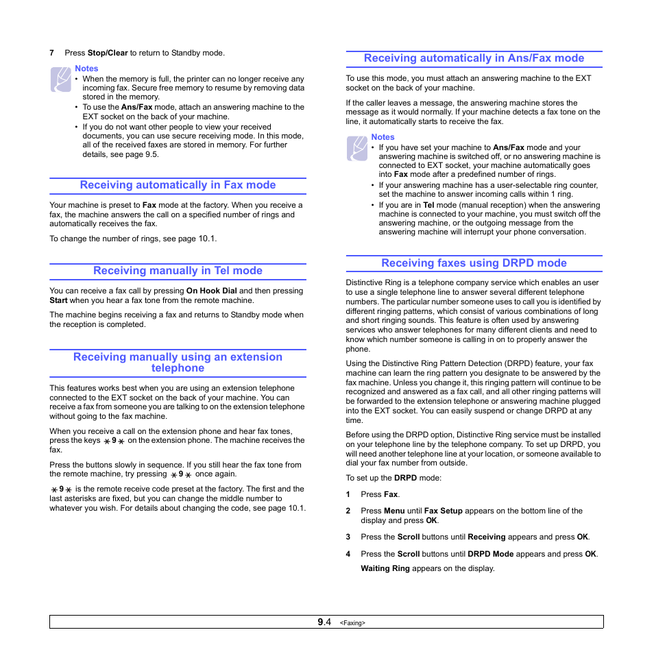 Receiving automatically in fax mode, Receiving manually in tel mode, Receiving manually using an extension telephone | Receiving automatically in ans/fax mode, Receiving faxes using drpd mode, Receiving automatically in, Receiving manually in tel, Receiving faxes using, Ge 9.4 | Muratec MFX-3050 User Manual | Page 49 / 142