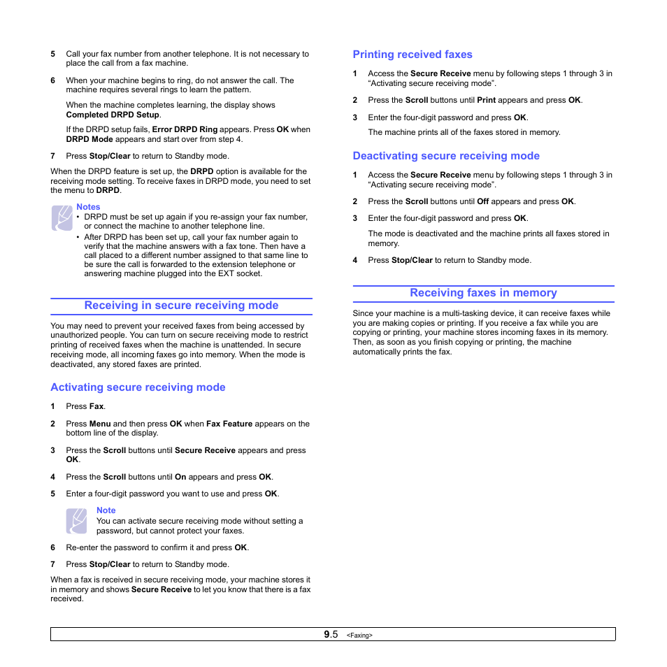 Receiving in secure receiving mode, Activating secure receiving mode, Printing received faxes | Deactivating secure receiving mode, Receiving faxes in memory, Ge 9.5 | Muratec MFX-3050 User Manual | Page 50 / 142