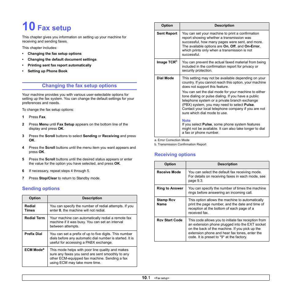 Fax setup, Changing the fax setup options, Sending options | Receiving options, Ge 10.1 | Muratec MFX-3050 User Manual | Page 54 / 142