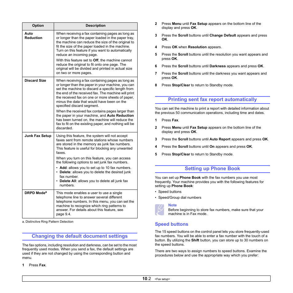 Changing the default document settings, Printing sent fax report automatically, Setting up phone book | Speed buttons | Muratec MFX-3050 User Manual | Page 55 / 142