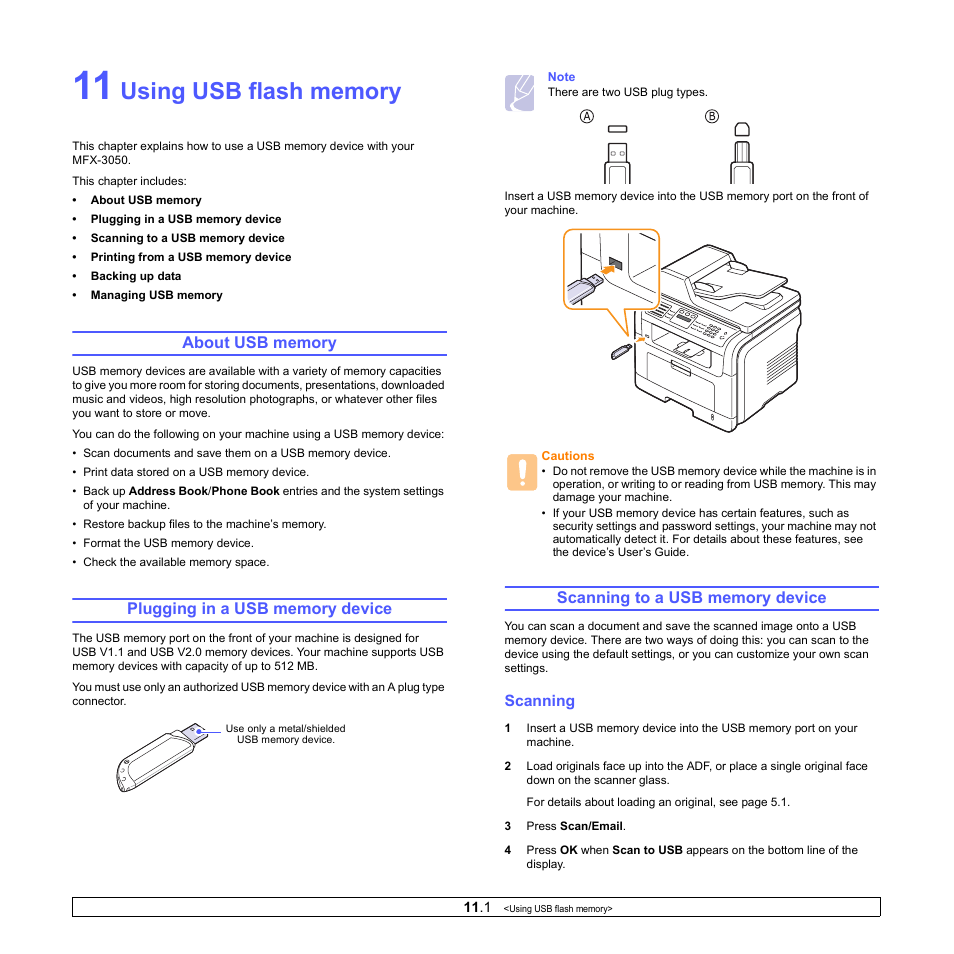 Using usb flash memory, About usb memory, Plugging in a usb memory device | Scanning to a usb memory device, Scanning | Muratec MFX-3050 User Manual | Page 58 / 142