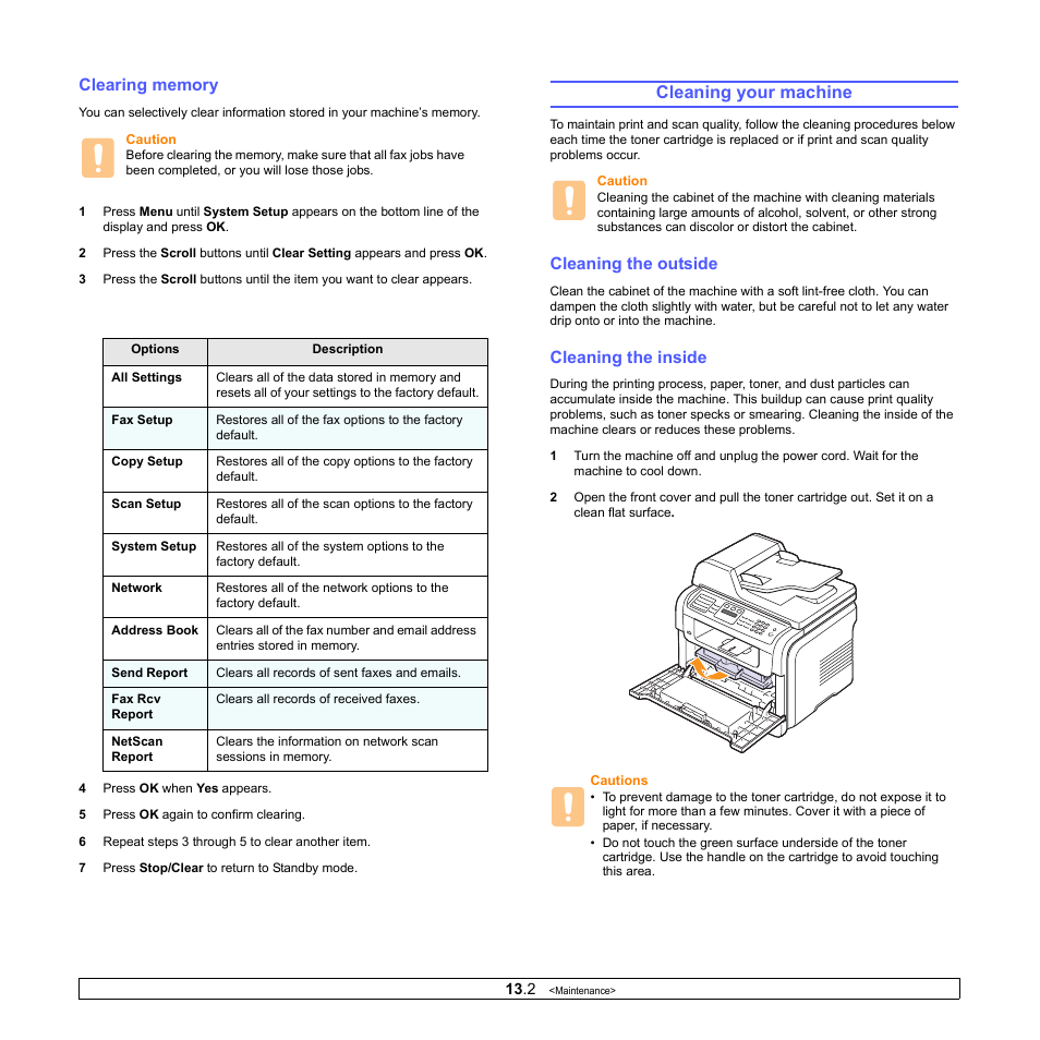 Clearing memory, Cleaning your machine, Cleaning the outside | Cleaning the inside | Muratec MFX-3050 User Manual | Page 64 / 142