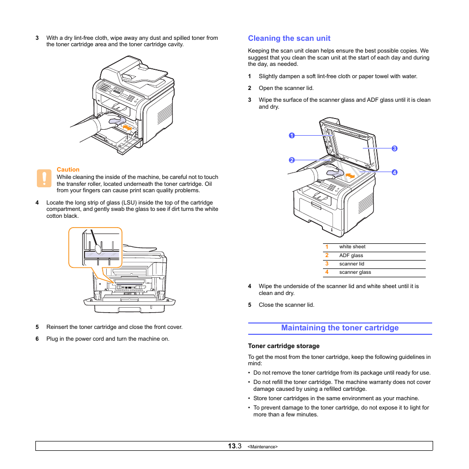 Cleaning the scan unit, Maintaining the toner cartridge | Muratec MFX-3050 User Manual | Page 65 / 142