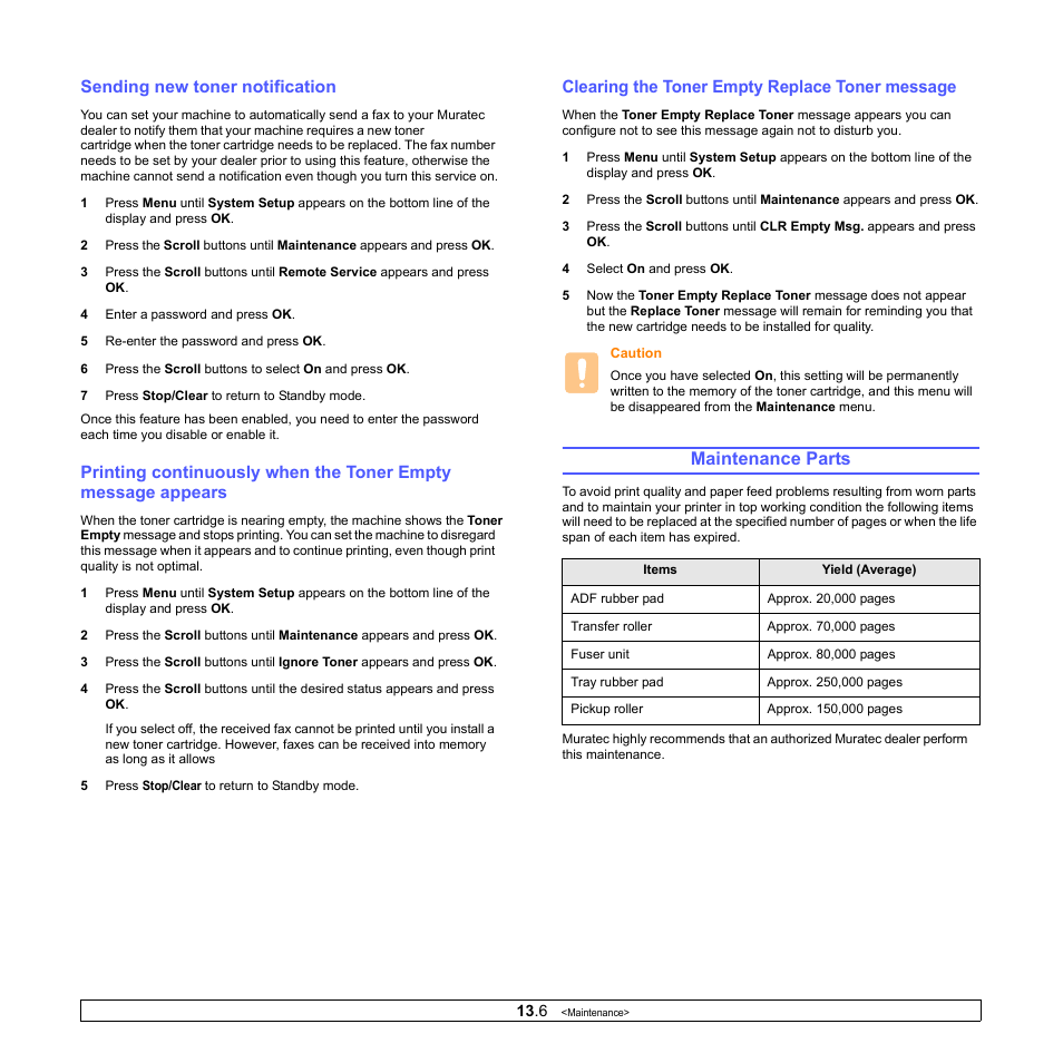 Sending new toner notification (scx-5530fn only), Clearing the toner empty replace toner message, Maintenance parts | Sending new toner notification | Muratec MFX-3050 User Manual | Page 68 / 142