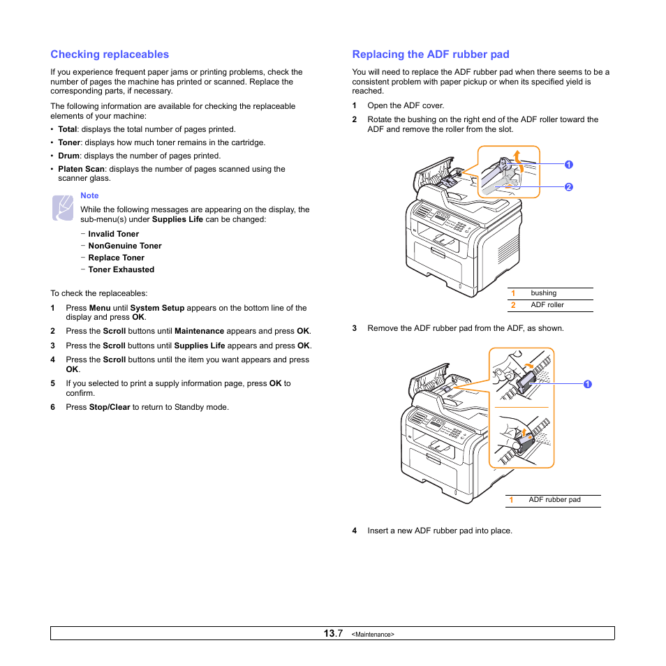 Checking replaceables, Replacing the adf rubber pad | Muratec MFX-3050 User Manual | Page 69 / 142