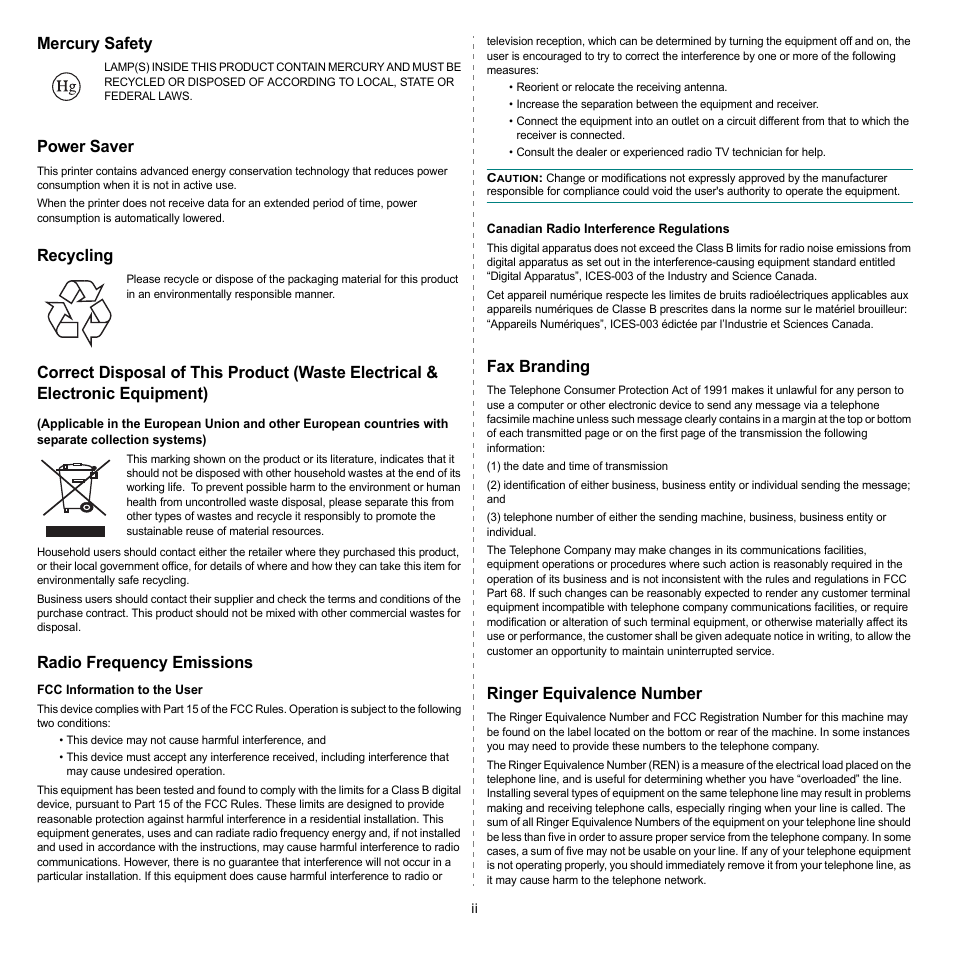 Mercury safety, Power saver, Recycling | Radio frequency emissions, Fax branding, Ringer equivalence number | Muratec MFX-3050 User Manual | Page 7 / 142