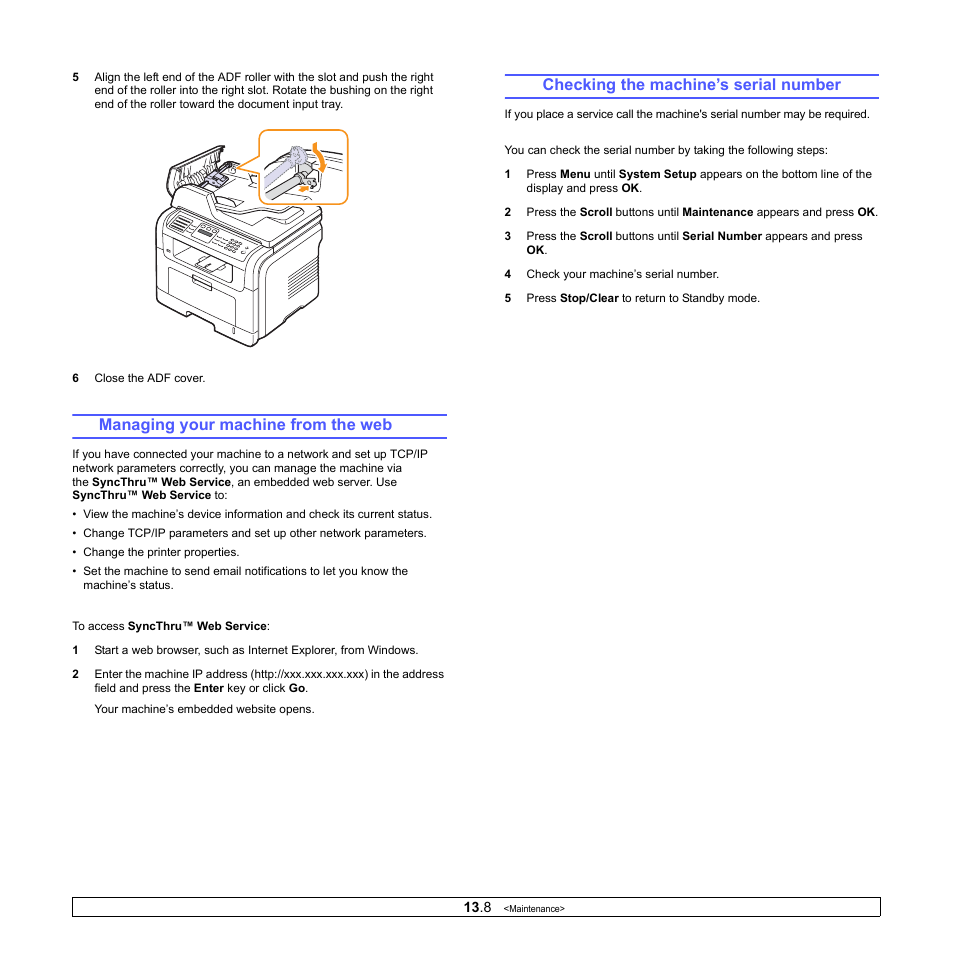 Managing your machine from the website, Checking the machine’s serial number, Managing your machine from the web | Muratec MFX-3050 User Manual | Page 70 / 142