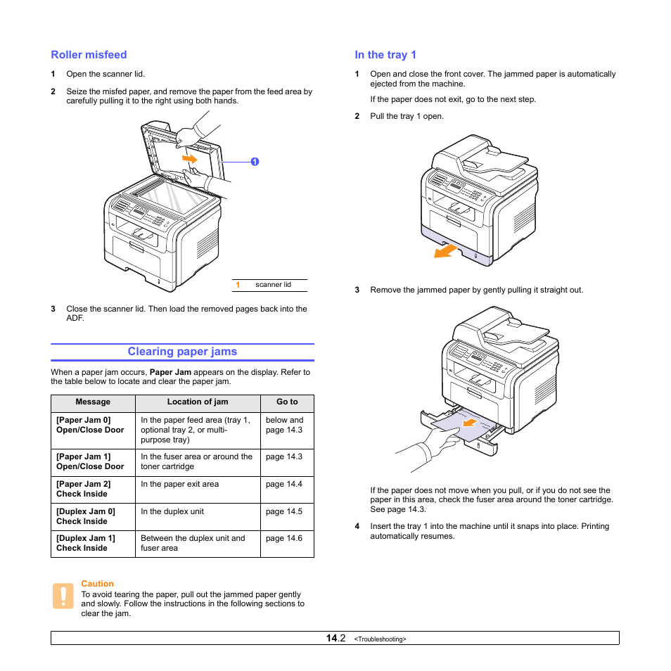 Roller misfeed, Clearing paper jams, In the tray 1 | Muratec MFX-3050 User Manual | Page 72 / 142