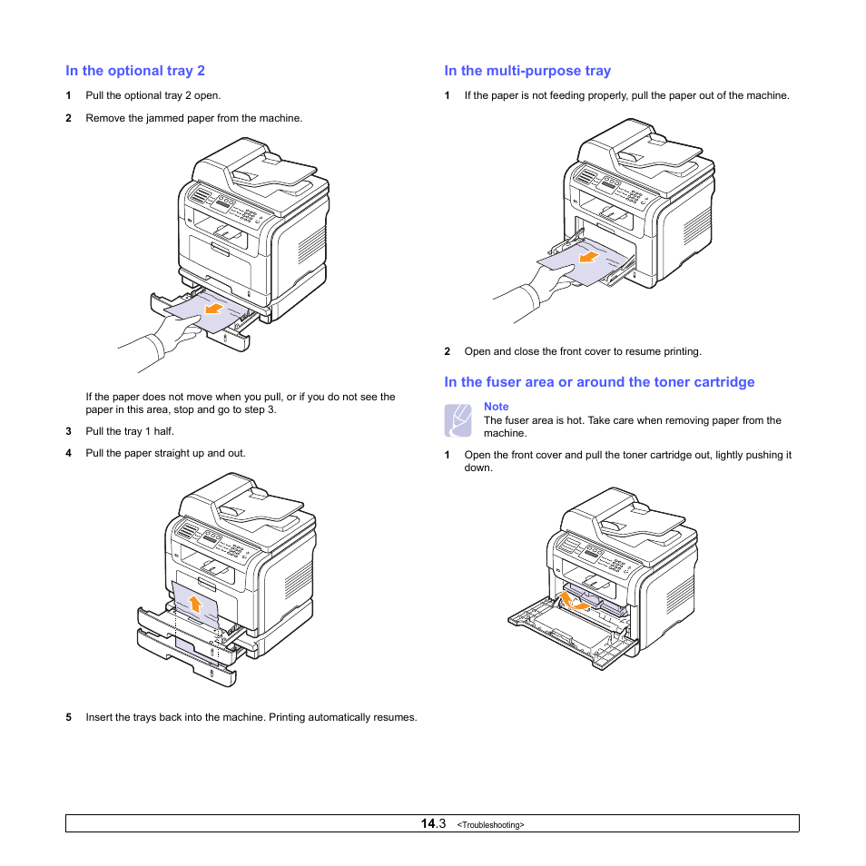 In the optional tray 2, In the multi-purpose tray, In the fuser area or around the toner cartridge | Muratec MFX-3050 User Manual | Page 73 / 142