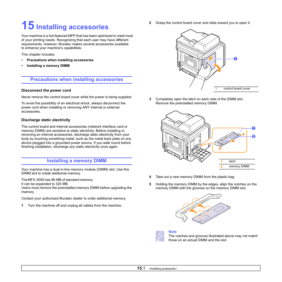 Installing accessories, Precautions when installing accessories, Installing a memory dimm | Muratec MFX-3050 User Manual | Page 91 / 142