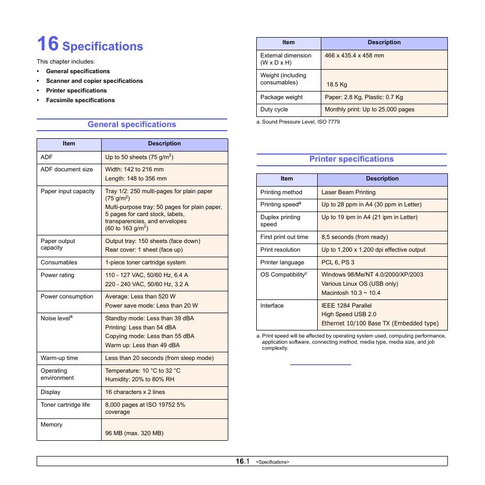 Specifications, General specifications, Printer specifications | General specifications printer specifications | Muratec MFX-3050 User Manual | Page 93 / 142