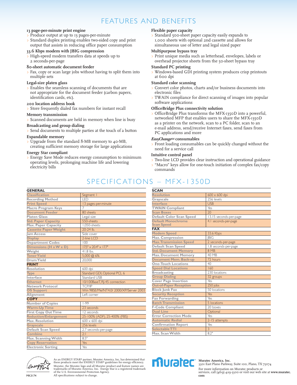 Features and benefits | Muratec MFX-1350D User Manual | Page 2 / 2