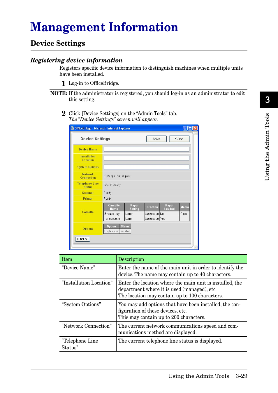 Management information, Device settings, Management information -29 | Device settings -29 | Muratec MFX-2030 User Manual | Page 103 / 189