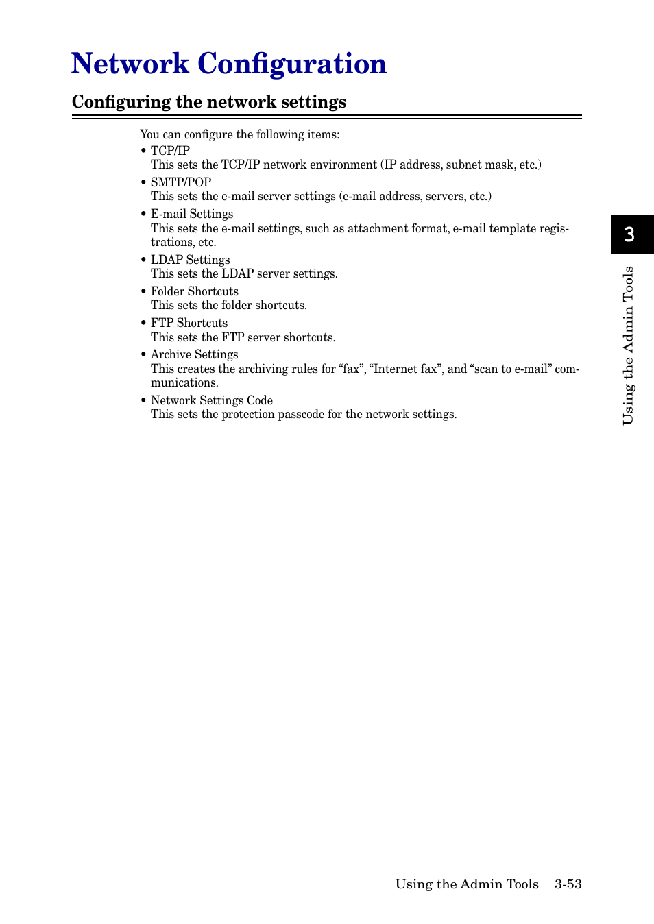 Network configuration, Configuring the network settings, Network conﬁguration -53 | Conﬁguring the network settings -53, Network conﬁguration, Conﬁguring the network settings | Muratec MFX-2030 User Manual | Page 127 / 189