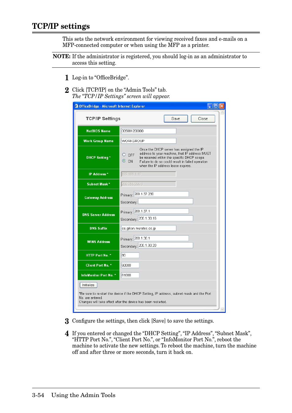 Tcp/ip settings, Tcp/ip settings -54 | Muratec MFX-2030 User Manual | Page 128 / 189