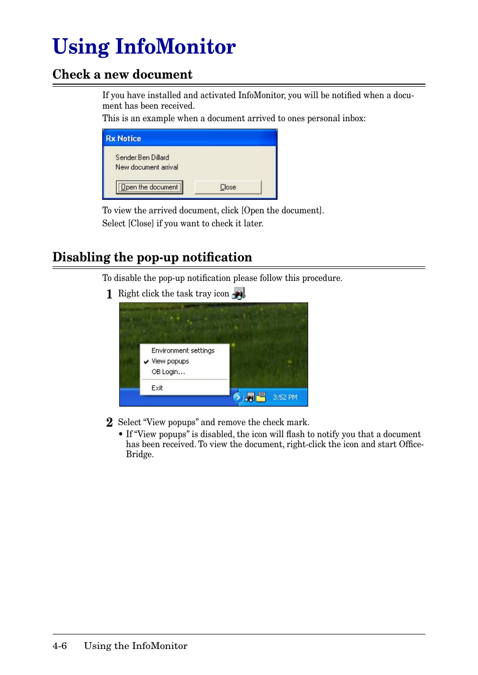 Using infomonitor, Check a new document, Disabling the pop-up notification | Using infomonitor -6, Check a new document -6, Disabling the pop-up notiﬁcation -6, Disabling the pop-up notiﬁcation | Muratec MFX-2030 User Manual | Page 156 / 189