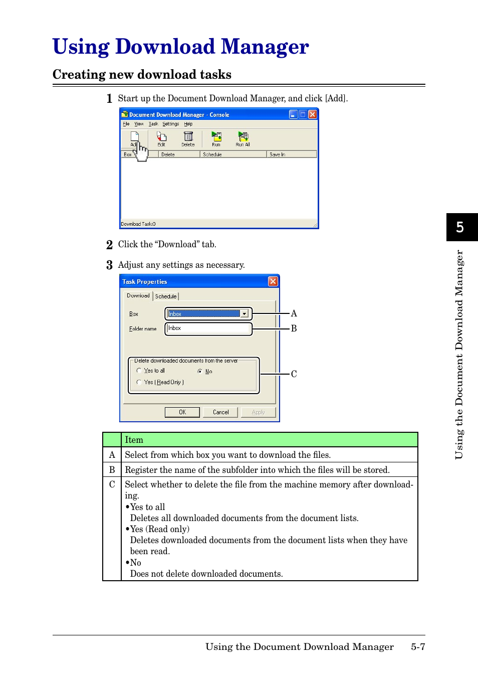 Using download manager, Creating new download tasks, Using download manager -7 | Creating new download tasks -7 | Muratec MFX-2030 User Manual | Page 163 / 189