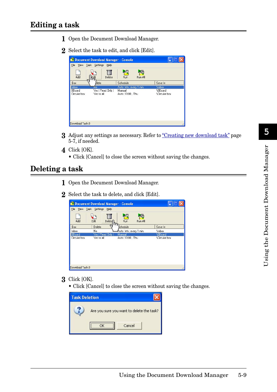 Editing a task, Deleting a task, Editing a task -9 | Deleting a task -9, Editing a task -9 deleting a task -9 | Muratec MFX-2030 User Manual | Page 165 / 189