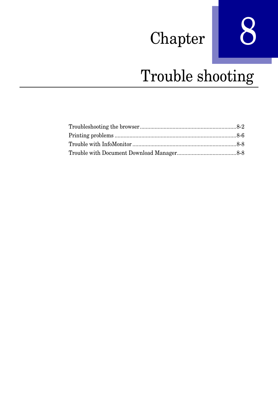 Trouble shooting, Chapter 8, Trouble shooting -1 | Muratec MFX-2030 User Manual | Page 177 / 189