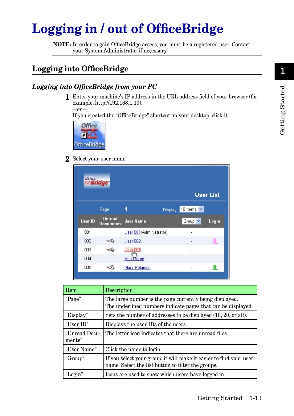 Logging in / out of officebridge, Logging into officebridge, Logging in / out of ofﬁcebridge -13 | Logging into ofﬁcebridge -13, Logging in / out of ofﬁcebridge, 12 13 ai, Logging into ofﬁcebridge | Muratec MFX-2030 User Manual | Page 18 / 189