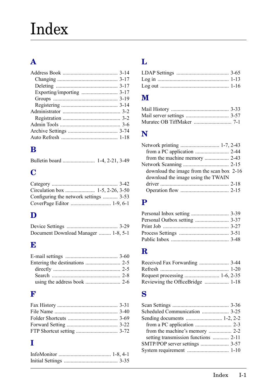 Index | Muratec MFX-2030 User Manual | Page 187 / 189