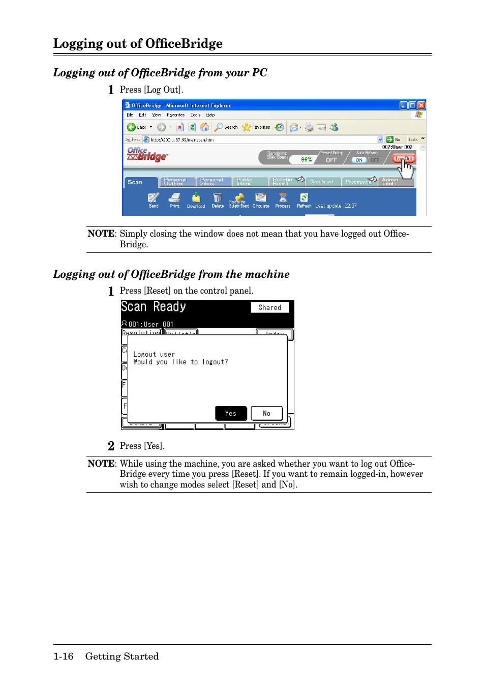 Logging out of officebridge, Logging out of ofﬁcebridge -16, Logging out of ofﬁcebridge | Muratec MFX-2030 User Manual | Page 21 / 189