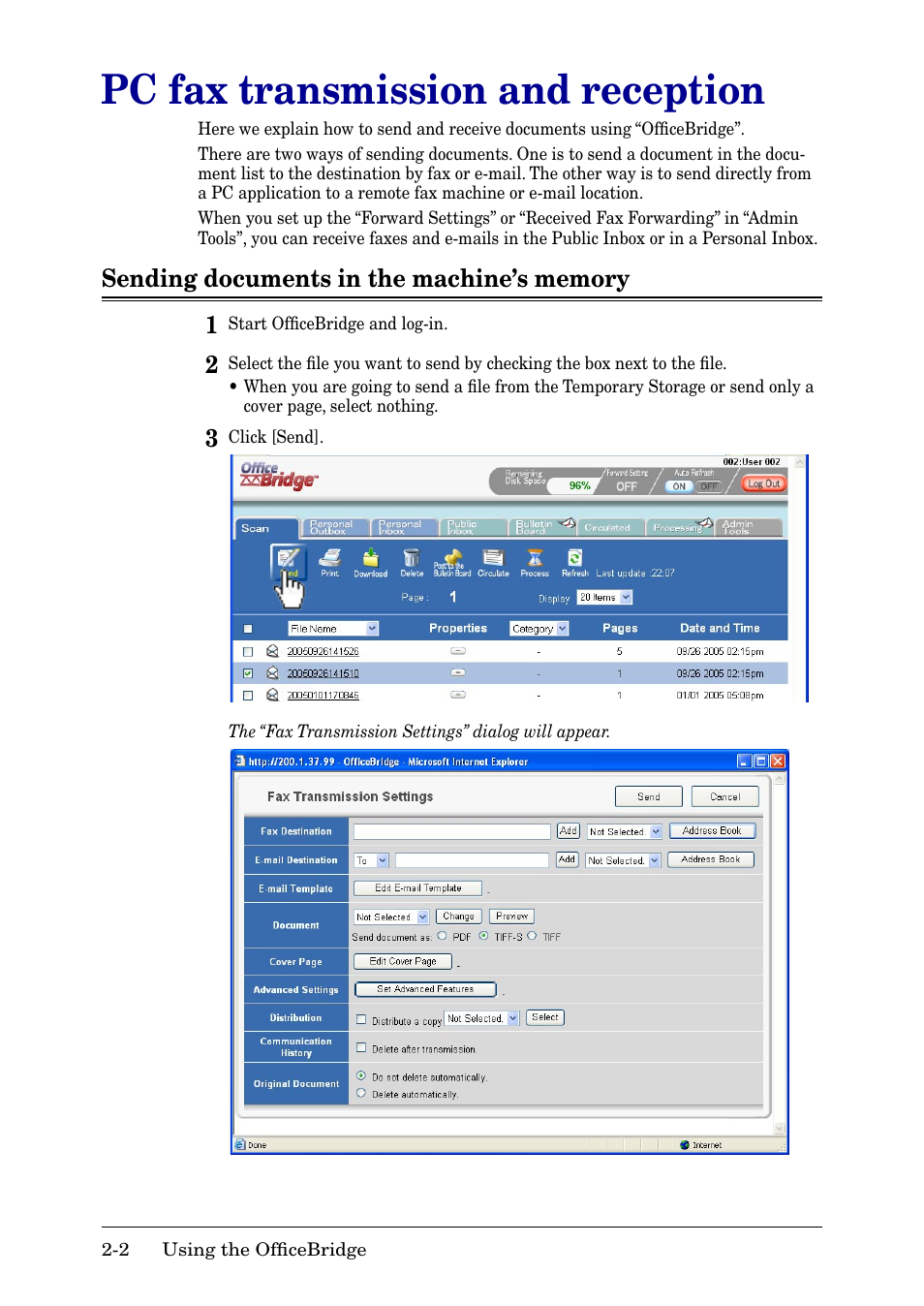 Pc fax transmission and reception, Sending documents in the machine’s memory, Pc fax transmission and reception -2 | Sending documents in the machine’s memory -2, Sending documents from the machine memory -2 | Muratec MFX-2030 User Manual | Page 29 / 189