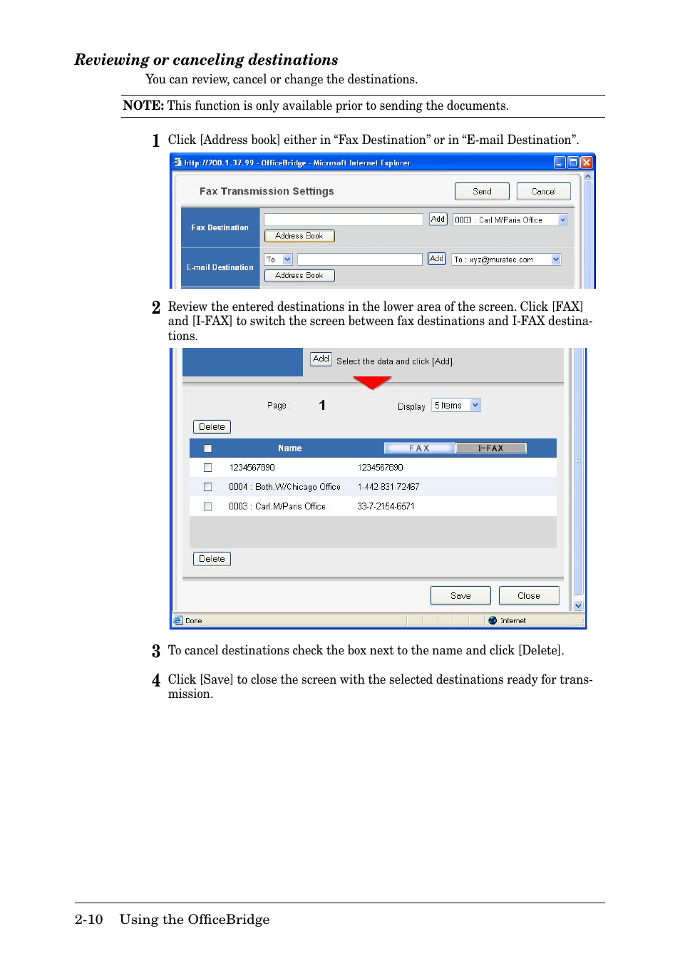 Reviewing or canceling destina, Tions | Muratec MFX-2030 User Manual | Page 37 / 189