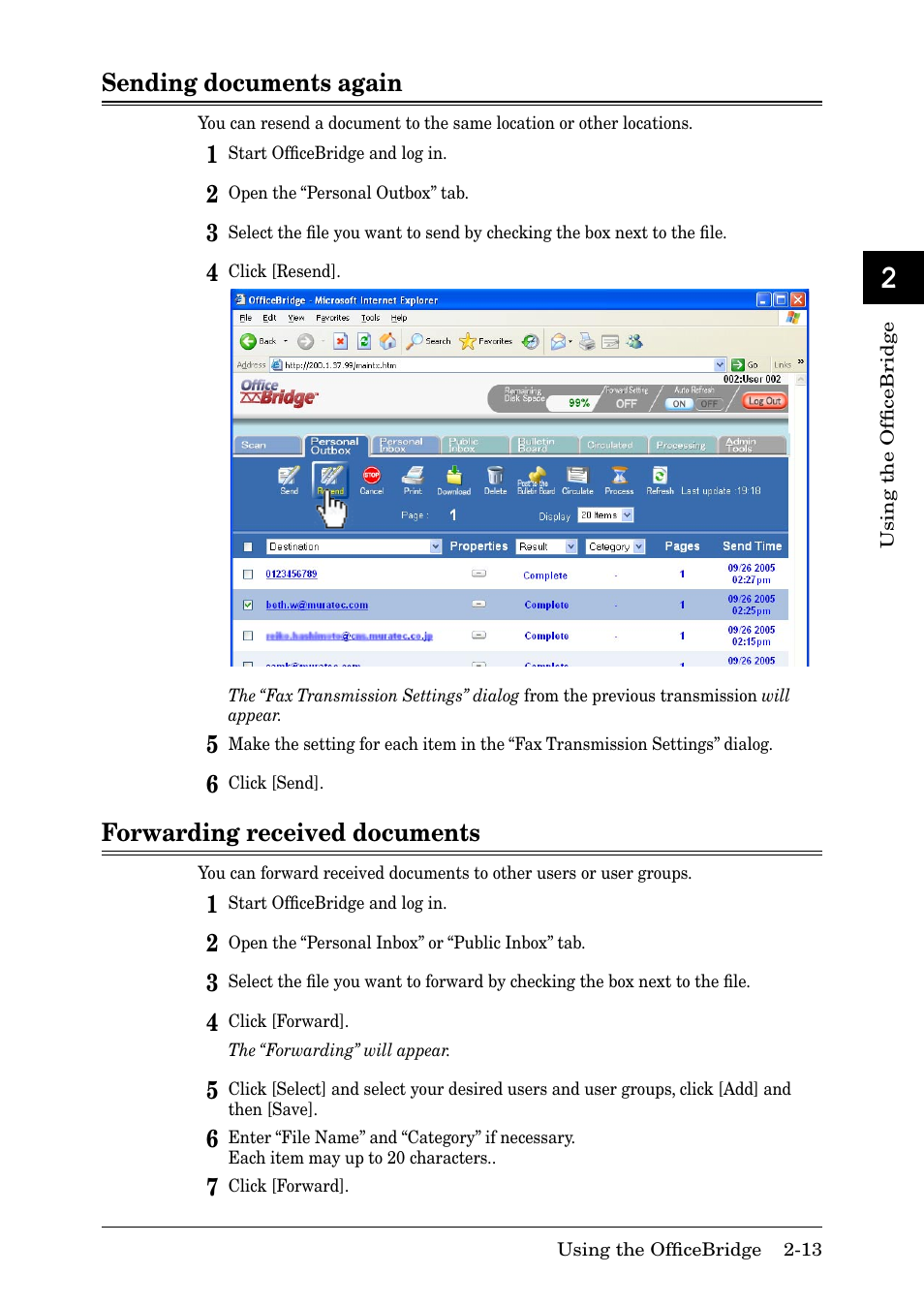 Sending documents again, Forwarding received documents, Sending documents again -13 | Forwarding received documents -13, 13 ai | Muratec MFX-2030 User Manual | Page 40 / 189