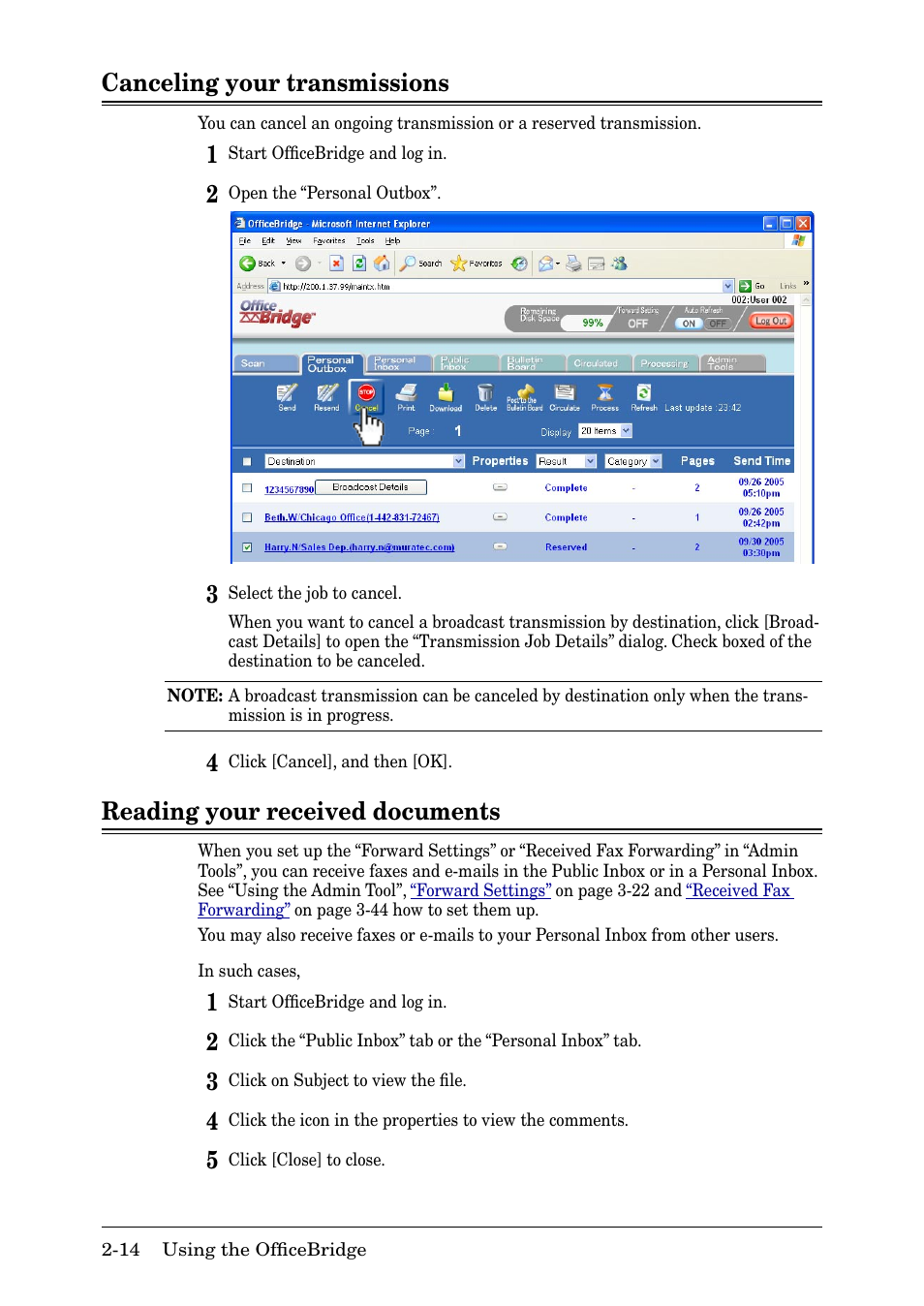 Canceling your transmissions, Reading your received documents, Canceling your transmissions -14 | Reading your received documents -14 | Muratec MFX-2030 User Manual | Page 41 / 189