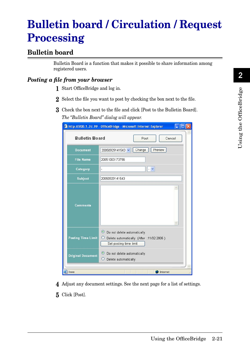 Bulletin board / circulation / request processing, Bulletin board, Bulletin board -21 | Posting a ﬁle from your browser, 13 ai | Muratec MFX-2030 User Manual | Page 48 / 189